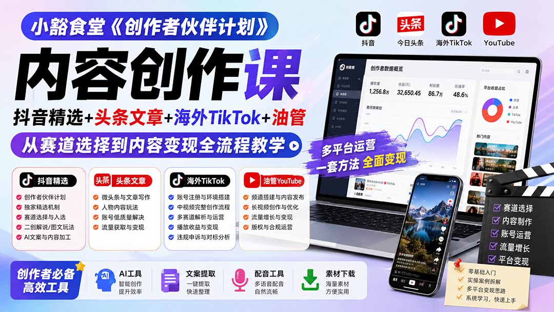 小豁食堂《创作者伙伴计划》内容创作课：抖音精选+头条文章+海外TikTok+油管，从赛道选择到内容变现全流程教学-海之城短剧项目