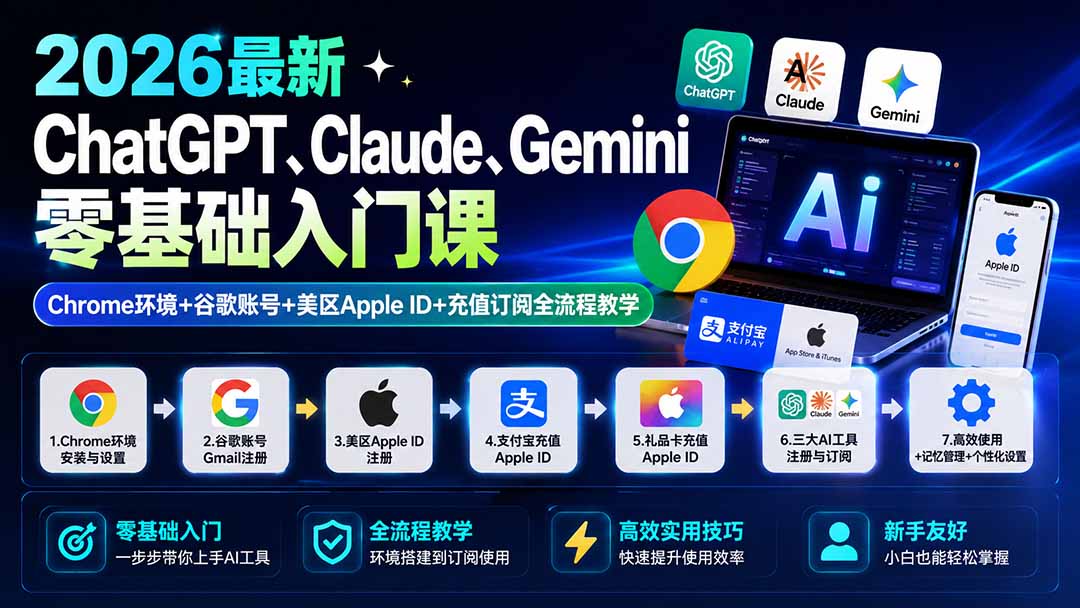 2026最新ChatGPT、Claude、Gemini零基础入门课：Chrome环境+谷歌账号+美区Apple ID+充值订阅全流程教学-海之城短剧项目
