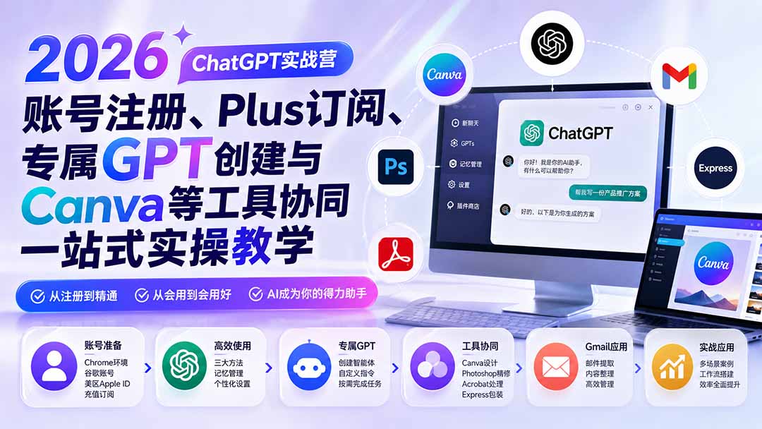 2026 ChatGPT实战营；账号注册、Plus订阅、专属GPT创建与Canva等工具协同一站式实操教学-海之城短剧项目