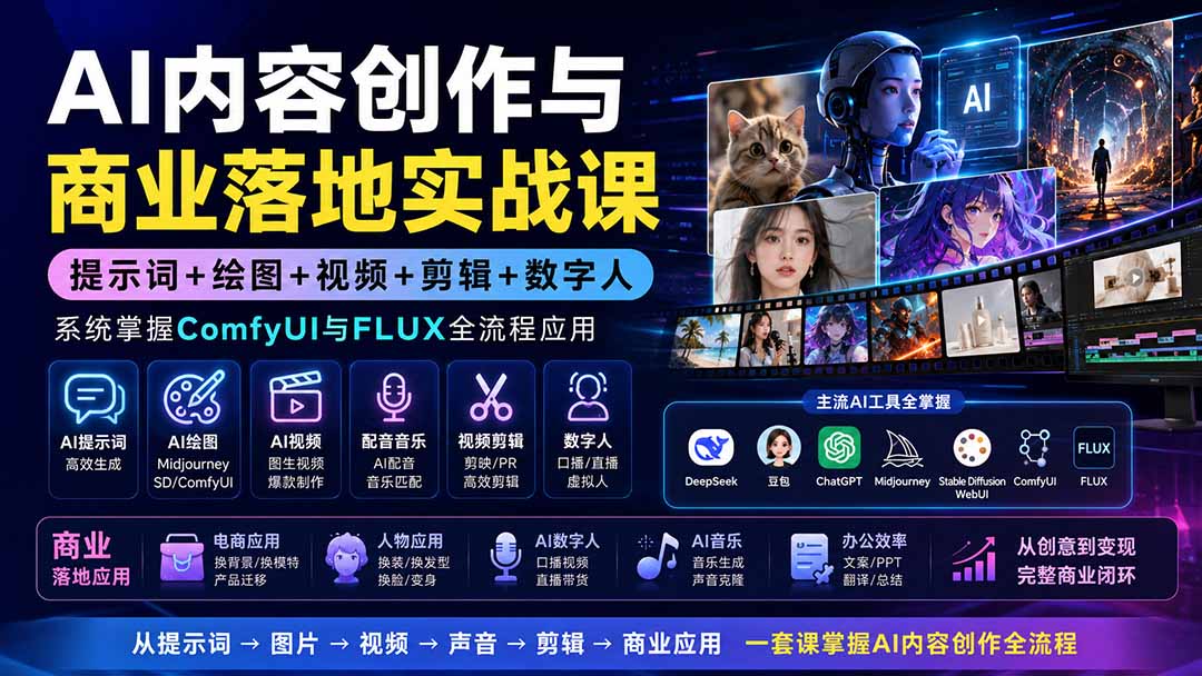 AI内容创作与商业落地实战课：提示词+绘图+视频+剪辑+数字人，系统掌握ComfyUI与FLUX全流程应用-海之城短剧项目