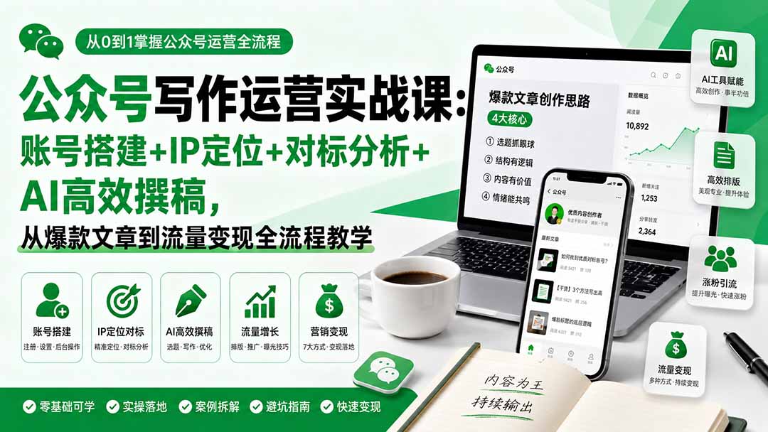 公众号写作运营实战课：账号搭建+IP定位+对标分析+AI高效撰稿，从爆款文章到流量变现全流程教学-海之城短剧项目