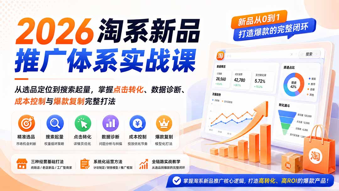 2026淘系新品推广体系实战课：从选品定位到搜索起量，掌握点击转化、数据诊断、成本控制与爆款复制完整打法-海之城短剧项目