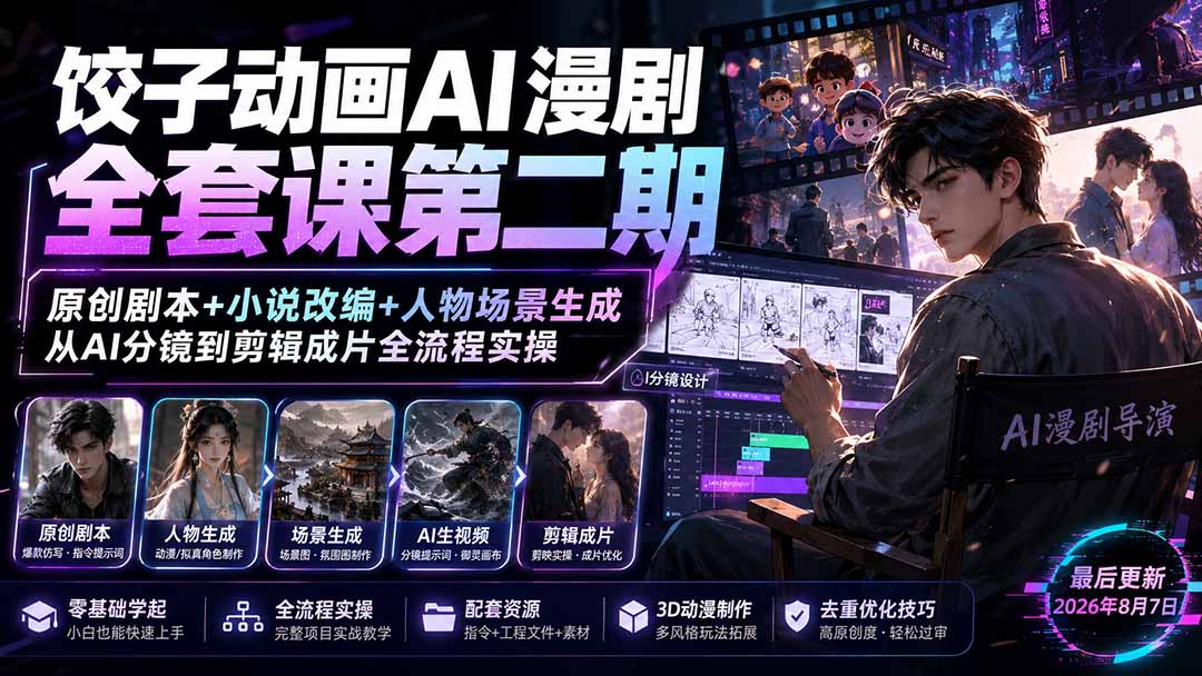 饺子动画AI漫剧全套课第二期：原创剧本+小说改编+人物场景生成，从AI分镜到剪辑成片全流程实操-海之城短剧项目