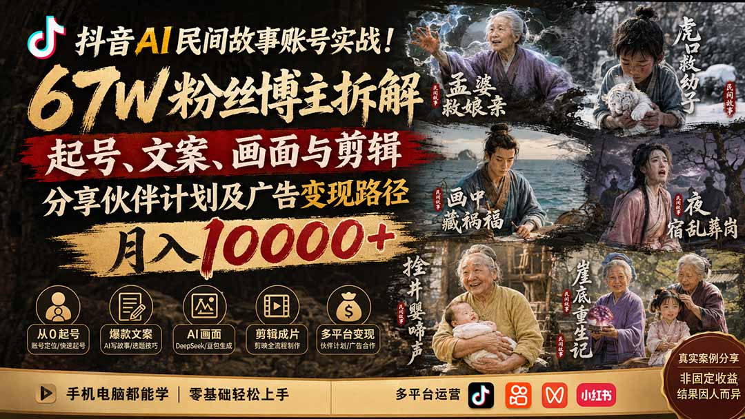 抖音AI民间故事账号实战！67W粉丝博主拆解起号、文案、画面与剪辑，分享伙伴计划及广告变现路径，月入10000+-海之城短剧项目