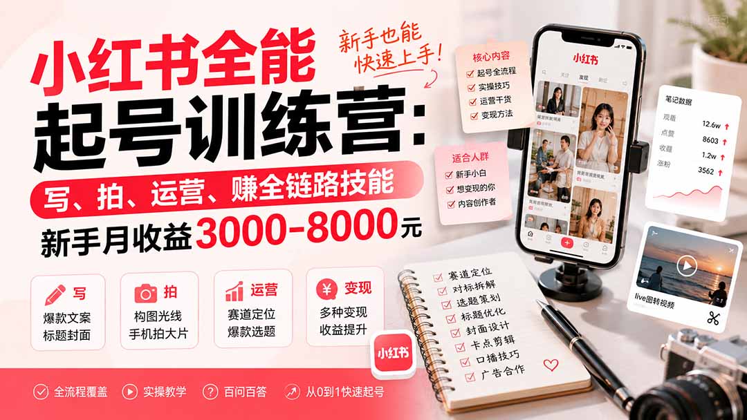 小红书全能起号训练营-更新：写、拍、运营、赚全链路技能，新手月收益3000-8000元-海之城短剧项目