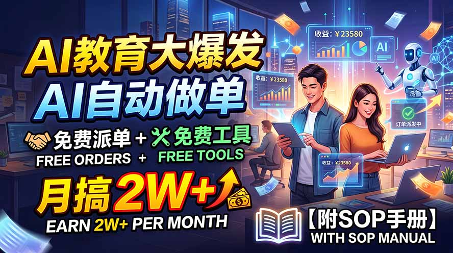 AI教育大爆发，AI自动做单，免费派单+免费工具，月搞2W+【附SOP手册】-海之城短剧项目