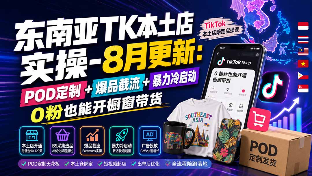 东南亚TK本土店实操-8月更新：POD定制+爆品截流+暴力冷启动，0粉也能开橱窗带货-海之城短剧项目