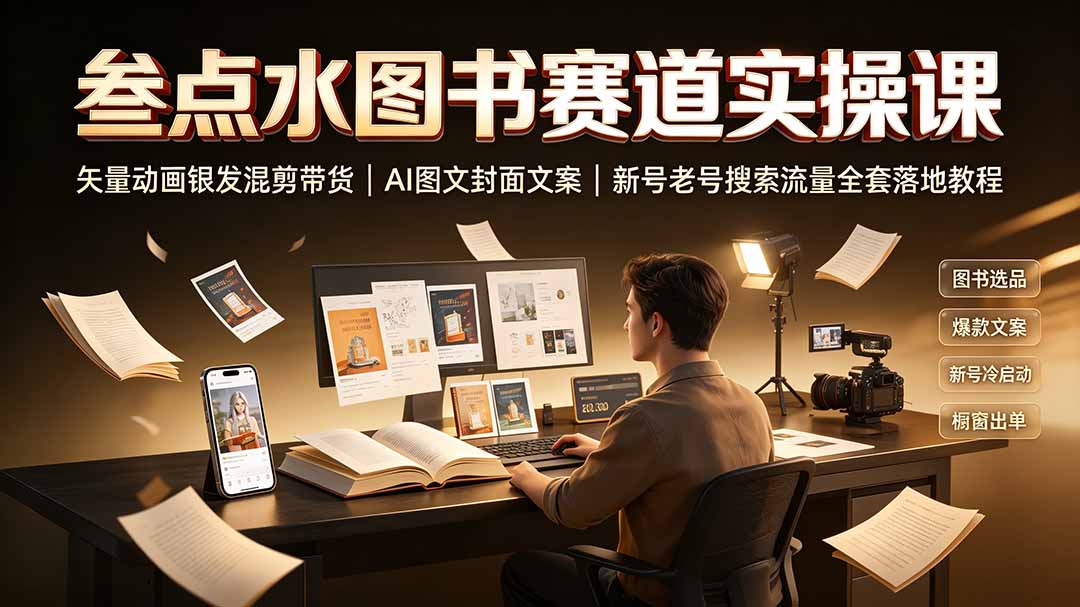 叁点水图书赛道实操课｜矢量动画银发混剪带货，AI图文封面文案，新号老号搜索流量全套落地教程-海之城短剧项目