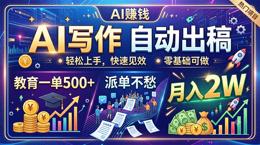 AI写作自动出稿，教育一单500+，派单不愁，月入2W-海之城短剧项目