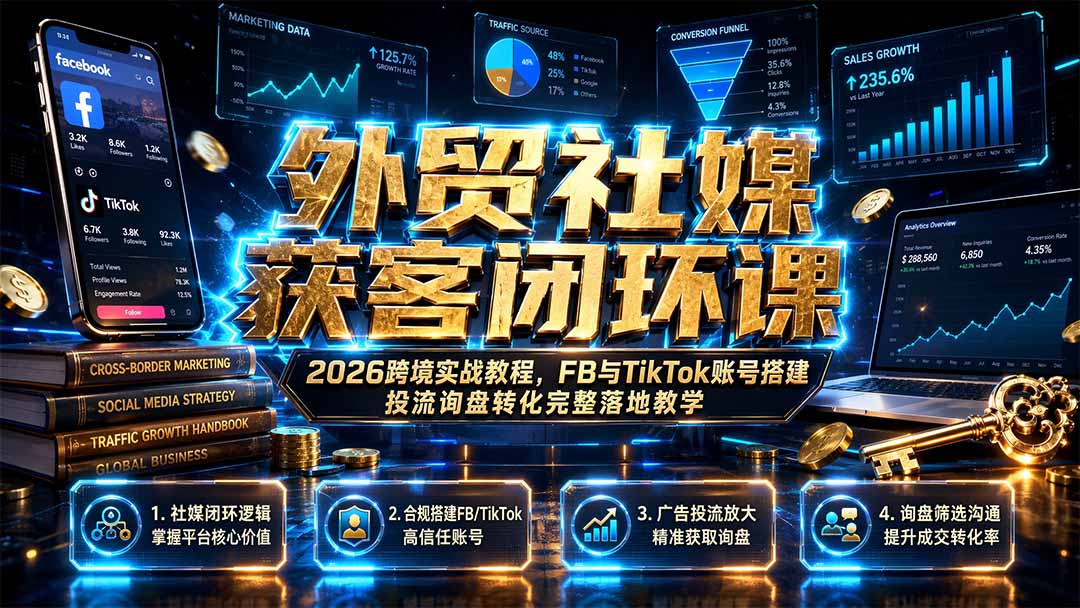 外贸社媒获客闭环课｜2026跨境实战教程，FB与TikTok账号搭建投流询盘转化完整落地教学-海之城短剧项目