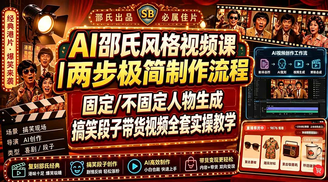 AI邵氏风格视频课｜两步极简制作流程，固定/不固定人物生成，搞笑段子带货视频全套实操教学 - 中创网