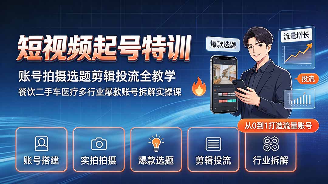 短视频起号特训｜账号拍摄选题剪辑投流全教学，餐饮二手车医疗多行业爆款账号拆解实操课-海之城短剧项目