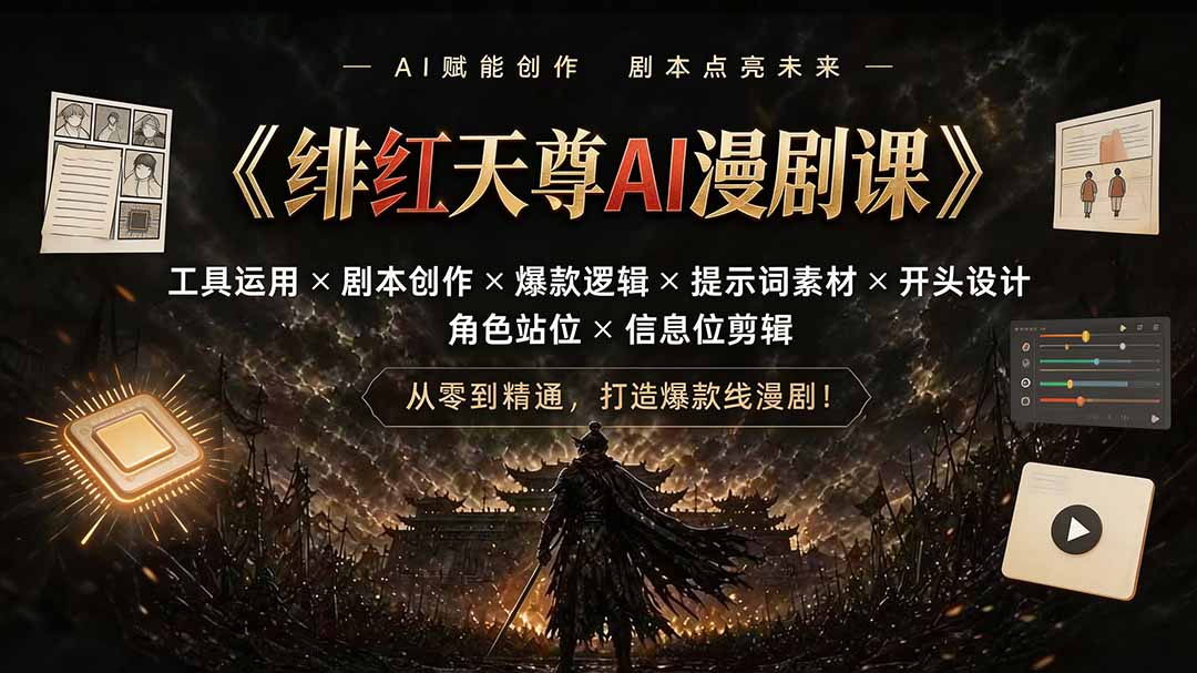 绯红天尊AI漫剧课｜工具运用×剧本创作×爆款逻辑×提示词素材×开头设计×角色站位×信息位剪辑-海之城短剧项目