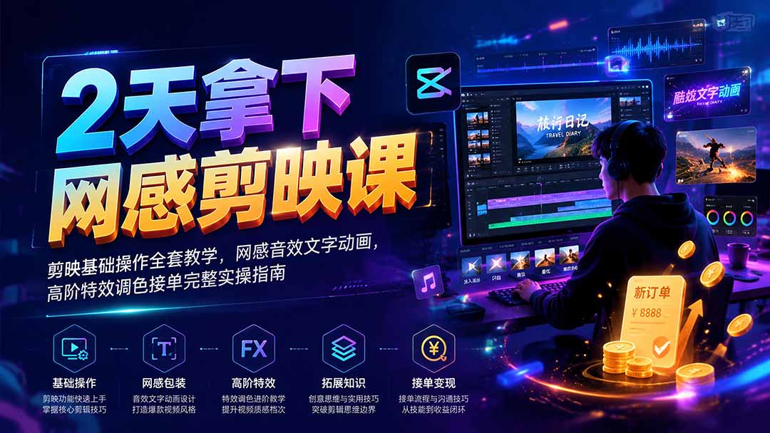 2天拿下网感剪辑课｜剪映基础操作全套教学，网感音效文字动画，高阶特效调色接单完整实操指南-海之城短剧项目