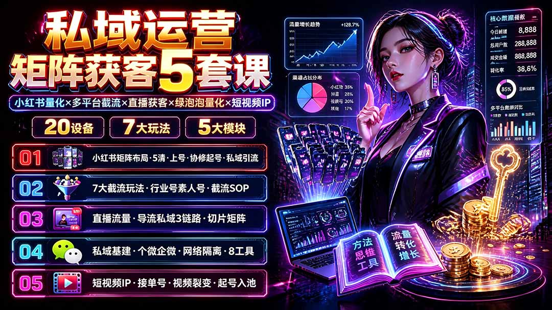 私域运营矩阵获客5套课：小红书量化×多平台截流×直播获客×绿泡泡量化×短视频IP×20设备×7大玩法-海之城短剧项目