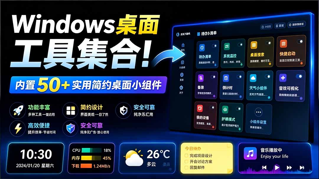Windows桌面工具集合！内置50+实用简约桌面小组件，含截图、录屏、翻译、天气等，多秘工具箱-海之城短剧项目