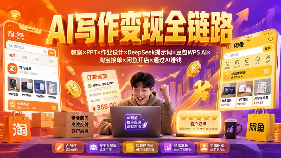 2026AI写作变现全链路：教案×PPT×作业设计×DeepSeek提示词×豆包WPS AI×淘宝接单×闲鱼开店×通过AI賺钱-海之城短剧项目