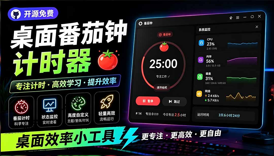 仅1.16MB，开源极简的桌面时钟、番茄钟计时器，还支持系统监控显示，桌面效率小工具 Catime-海之城短剧项目