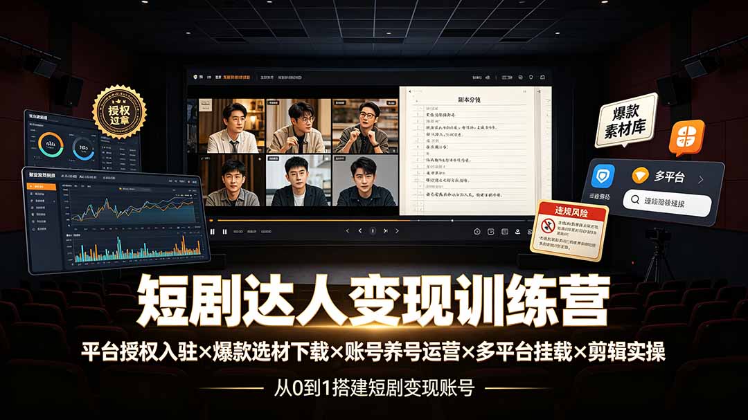 短剧达人变现训练营：平台授权入驻×爆款选材下载×账号养号运营×多平台挂载×剪辑实操×违规处理全流程-海之城短剧项目