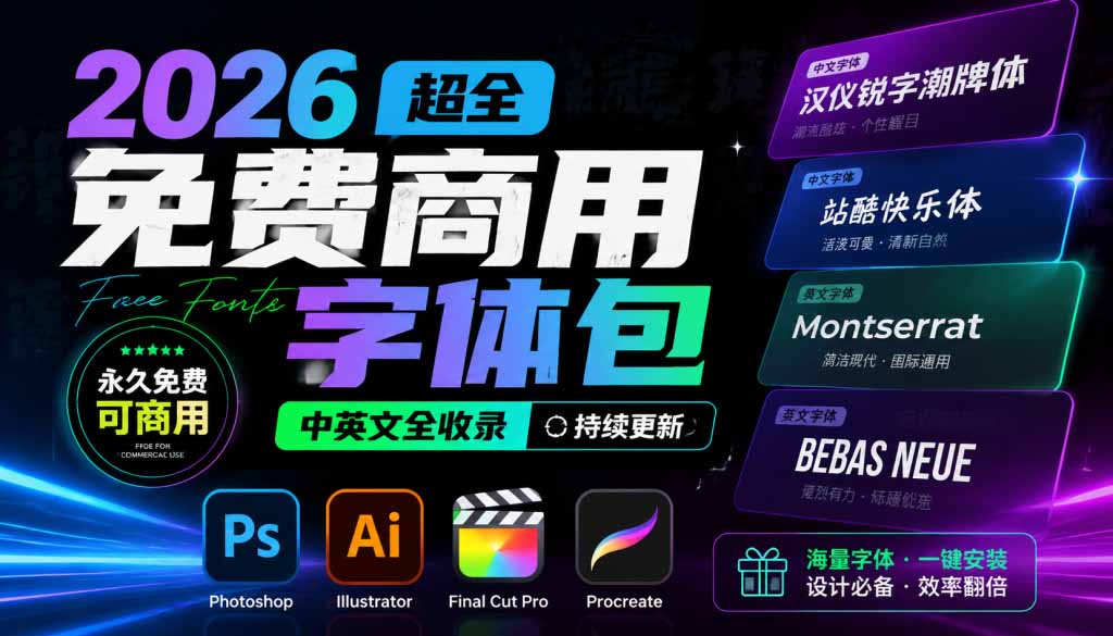 2026超全免费商用字体包字体中英文，涵盖ps/ai/fcpx/procreate 字库-海之城短剧项目