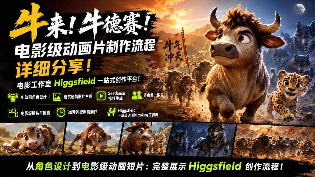 牛来！牛德赛！电影级动画片制作流程详细分享！电影工作室Higgsfield一站式创作平台！-海之城短剧项目