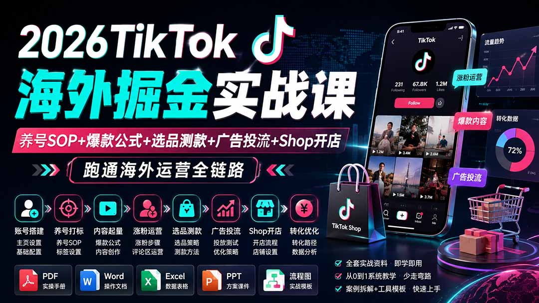 2026TikTok海外掘金实战课——养号SOP+爆款公式+选品测款+广告投流+Shop开店，跑通海外运营全链路-海之城短剧项目