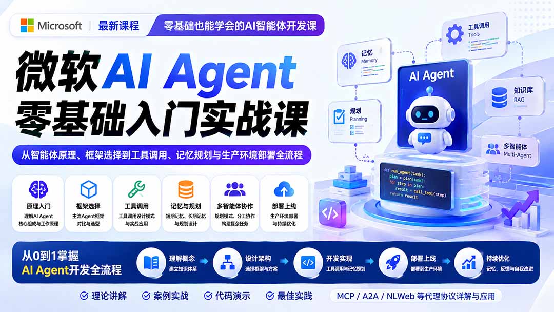 微软AI Agent零基础入门实战课：从智能体原理、框架选择到工具调用、记忆规划与生产环境部署全流程-海之城短剧项目