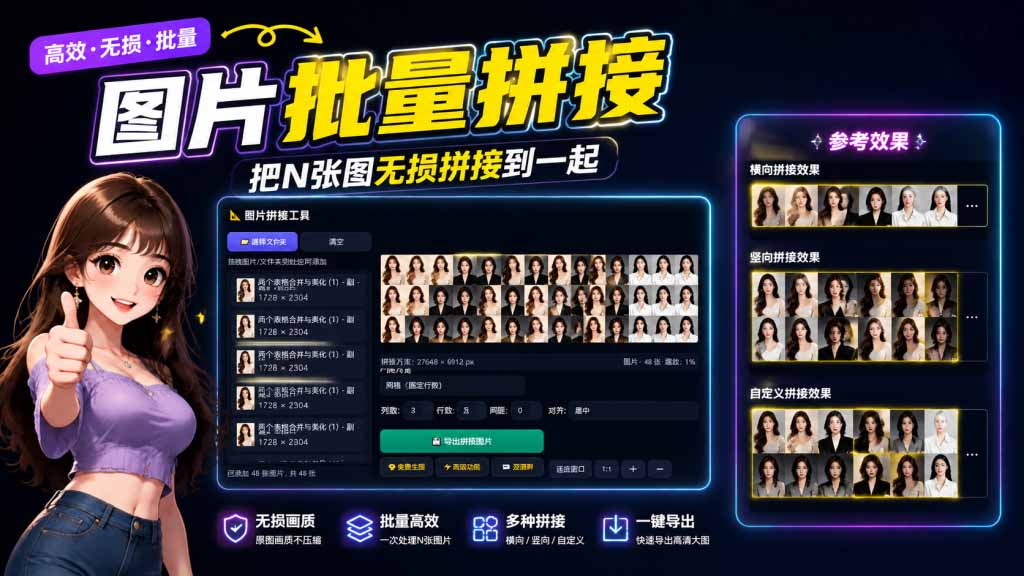图片批量拼接，把N张图无损拼接到一起，支持横向、竖向、自定义等功能-海之城短剧项目