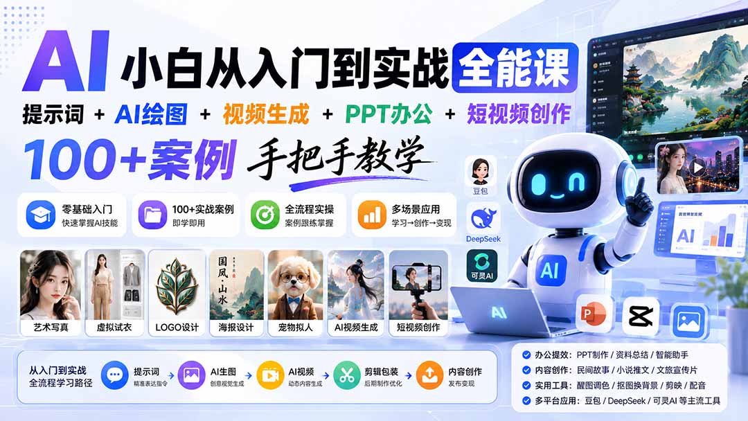 AI小白从入门到实战全能课：提示词+AI绘图+视频生成+PPT办公+短视频创作，100+案例手把手教学-海之城短剧项目