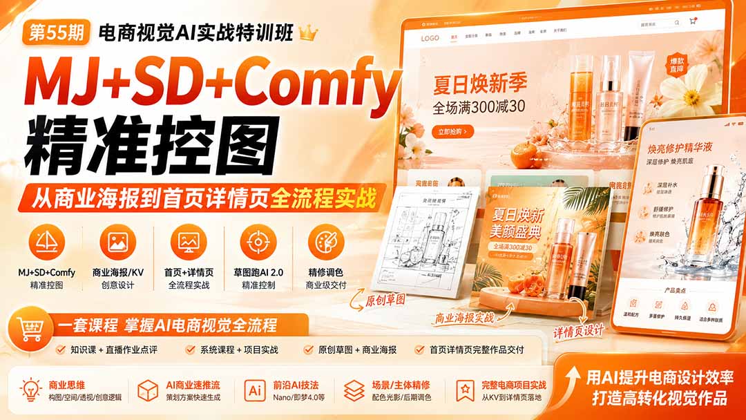 电商视觉 AI实战训练营第55期：MJ+SD+Comfy精准控图，从商业海报到首页详情页全流程实战-海之城短剧项目
