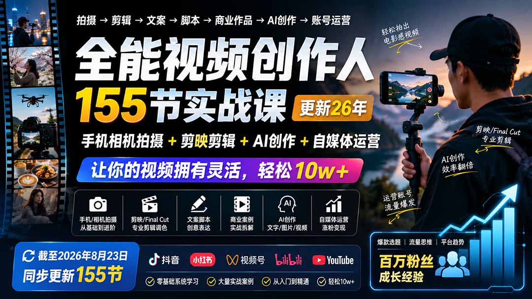 全能视频创作人155节实战课-更新26年8月：手机相机拍摄+剪映剪辑+AI创作+自媒体运营，让你的视频拥有灵活，轻松10w-海之城短剧项目