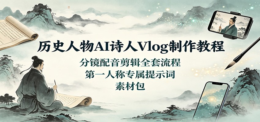 历史人物AI诗人Vlog制作教程：分镜配音剪辑全套流程，第一人称专属提示词素材包-海之城短剧项目