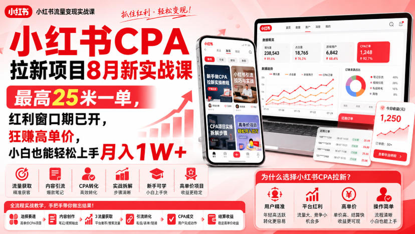 小红书CPA拉新项目8月新实战课，最高25米一单，红利窗口期已开，狂賺高单价，小白也能轻松上手月入1W+-海之城短剧项目