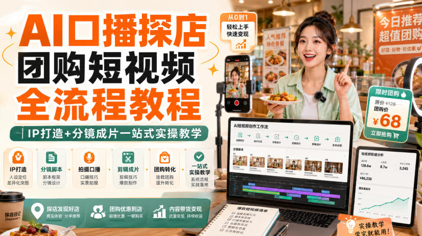 AI口播探店团购短视频全流程教程｜IP打造+分镜成片一站式实操教学-海之城短剧项目