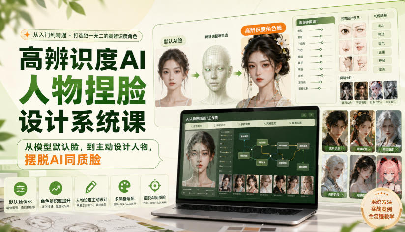 高辨识度AI人物捏脸设计系统课，从模型默认脸，到主动设计人物，摆脱AI同质脸-海之城短剧项目
