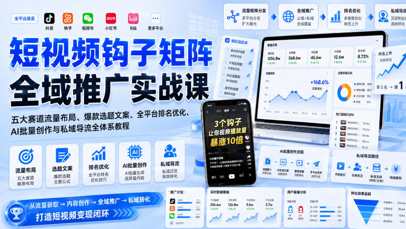 短视频钩子矩阵全域推广实战课｜五大赛道流量布局、爆款选题文案、全平台排名优化、AI批量创作与私域导流全体系教程-海之城短剧项目