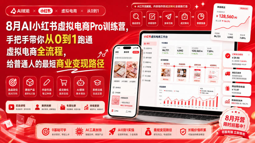 8月AI小红书虚拟电商Pro训练营，手把手带你从0到1跑通虚拟电商全流程，给普通人的最短商业变现路径-海之城短剧项目