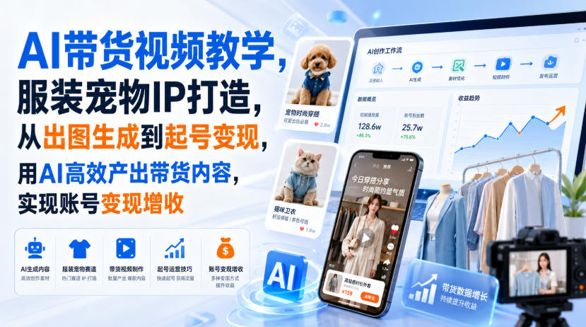 AI带货视频教学，服装宠物IP打造，从出图生成到起号变现，用AI高效产出带货内容，实现账号变现增收-海之城短剧项目