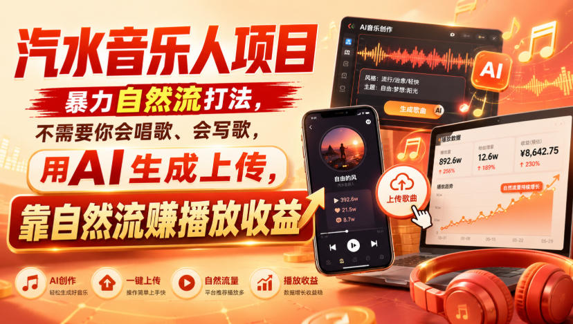 汽水音乐人项目，暴力自然流打法，不需要你会唱歌、会写歌，用AI生成上传，靠自然流賺播放收益-海之城短剧项目