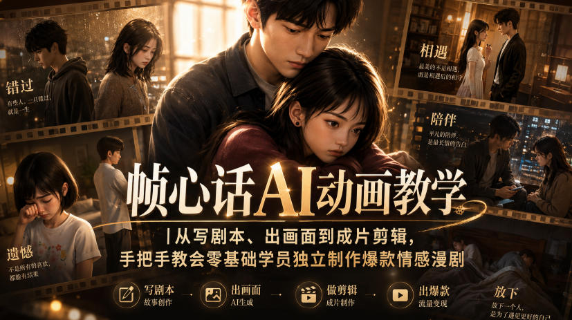 帧心话AI动画教学｜从写剧本、出画面到成片剪辑，手把手教会零基础学员独立制作爆款情感漫剧 - 冒泡网