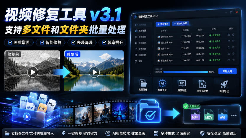 视频修复工具v3.1，支持多文件和文件夹批量处理-海之城短剧项目