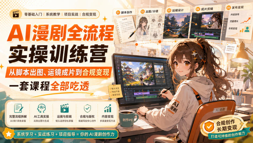 AI漫剧全流程实操训练营，从脚本出图、运镜成片到合规变现，一套课程全部吃透-海之城短剧项目