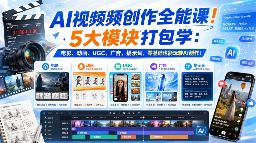 AI视频频创作全能课！5大模块打包学：电影、动画、UGC、广告、提示词，零基础也能玩转AI创作！【原创双语字幕】-海之城短剧项目
