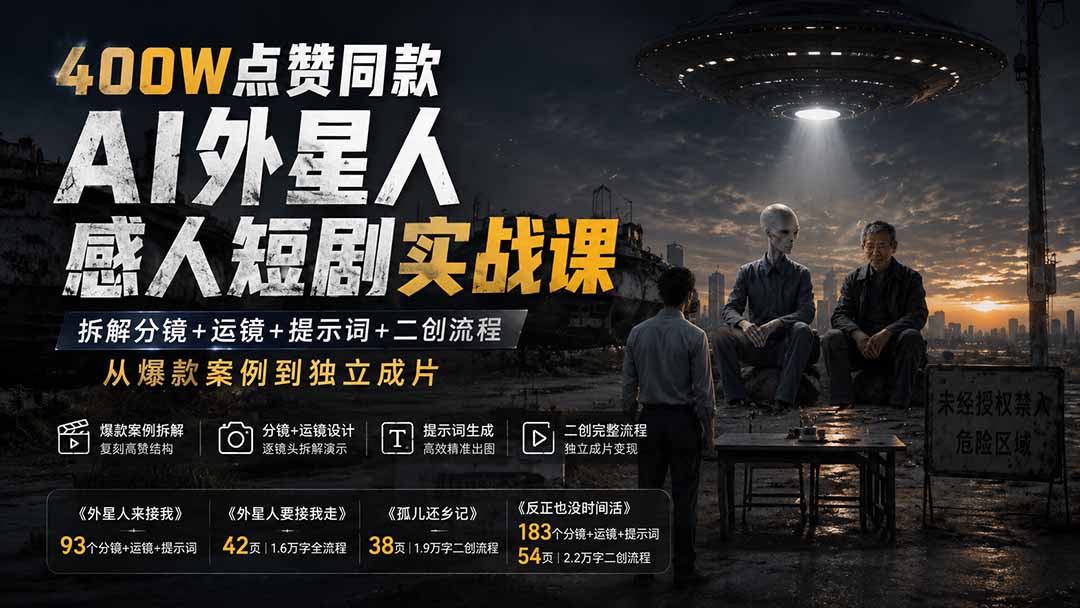 400W点赞同款AI外星人感人短剧实战课：拆解分镜+运镜+提示词+二创流程，从爆款案例到独立成片-海之城短剧项目