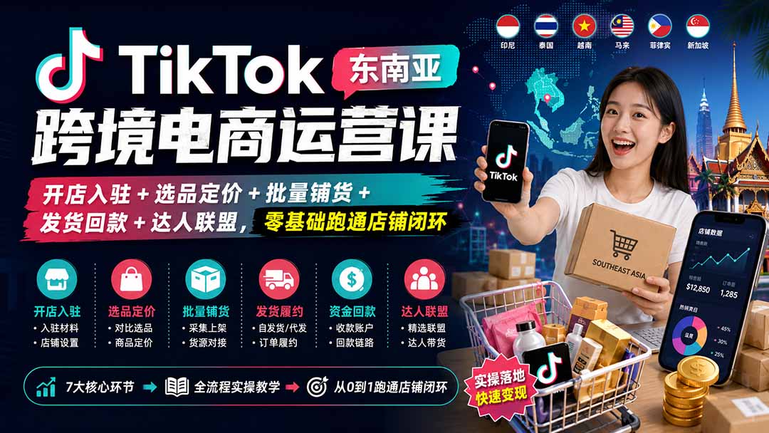 TikTok东南亚跨境电商运营课：开店入驻+选品定价+批量铺货+发货回款+达人联盟，零基础跑通店铺闭环-海之城短剧项目