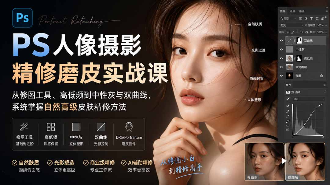 PS人像摄影精修磨皮实战课：从修图工具、高低频到中性灰与双曲线，系统掌握自然高级皮肤精修方法-海之城短剧项目