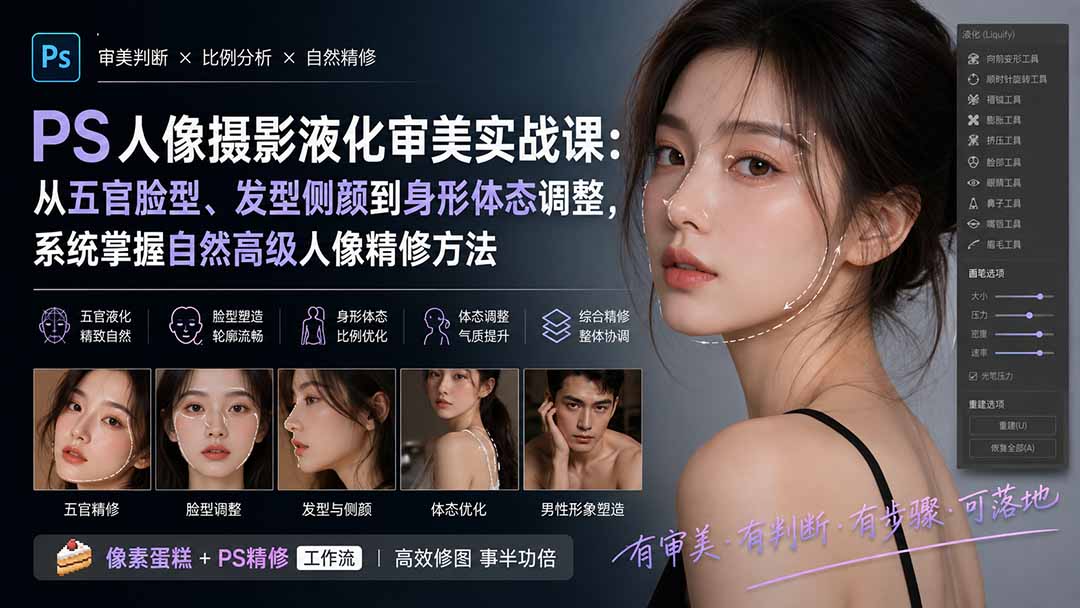PS人像摄影液化审美实战课：从五官脸型、发型侧颜到身形体态调整，系统掌握自然高级人像精修方法-海之城短剧项目