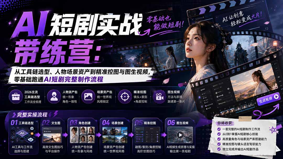 AI短剧实战训练营：从工具链选型、人物场景资产到精准控图与图生视频，零基础跑通AI短剧完整制作流程-海之城短剧项目