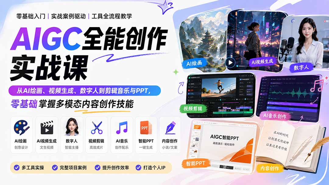 AIGC全能创作实战课：从AI绘画、视频生成、数字人到剪辑音乐与PPT，零基础掌握多模态内容创作技能-海之城短剧项目