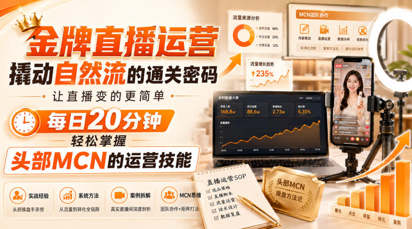 金牌直播运营撬动自然流的通关密码，让直播变的更简单，每日20分钟，轻松掌握头部MCN的运营技能-海之城短剧项目